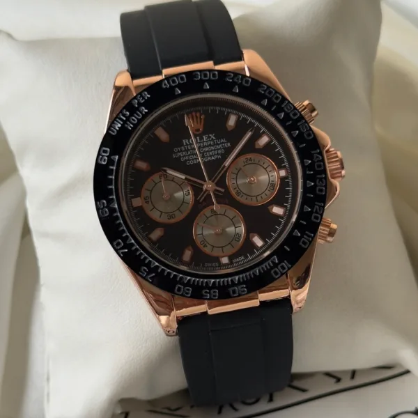 RLX Daytona Inspired – Classic Chronograph – Black Dial / Black Strap – Rose Gold Case
