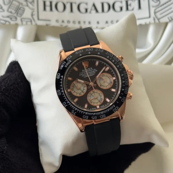 RLX Daytona Inspired – Classic Chronograph – Black Dial / Black Strap – Rose Gold Case