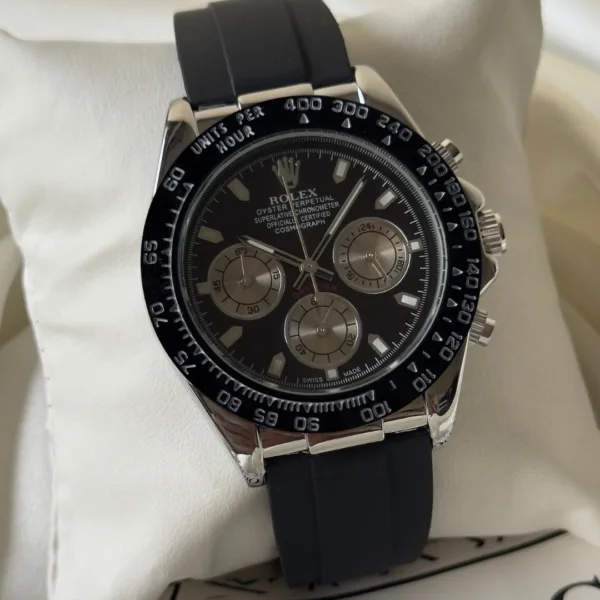 RLX Daytona Inspired – Classic Chronograph – Black Dial / Black Strap – Silver Case