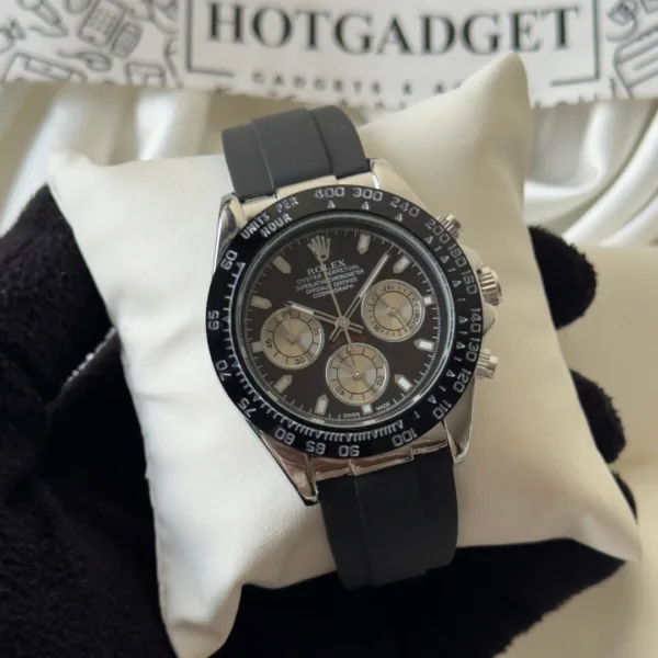 RLX Daytona Inspired – Classic Chronograph – Black Dial / Black Strap – Silver Case