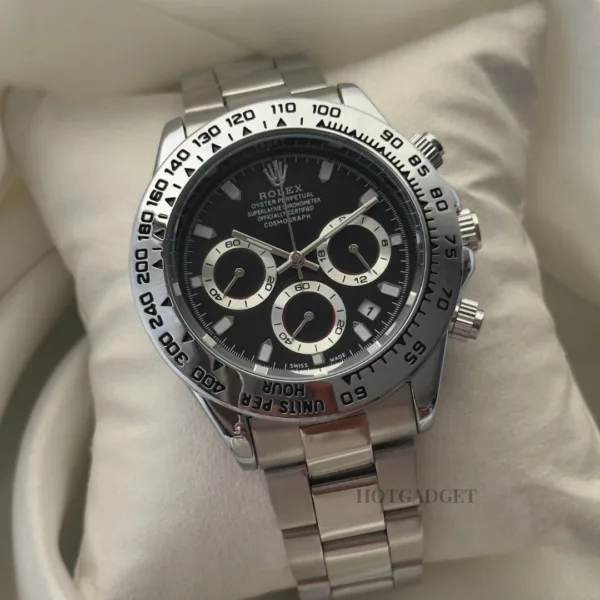 RLX Daytona Inspired – Classic Chronograph – Black Dial / Silver Strap