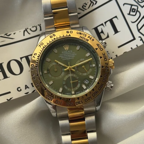 RLX Daytona Inspired – Classic Chronograph – Green Dial / Gold & Silver Strap