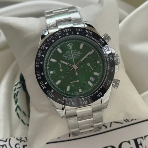 RLX Daytona Inspired – Classic Chronograph – Green Dial / Silver Strap – Black Bezel