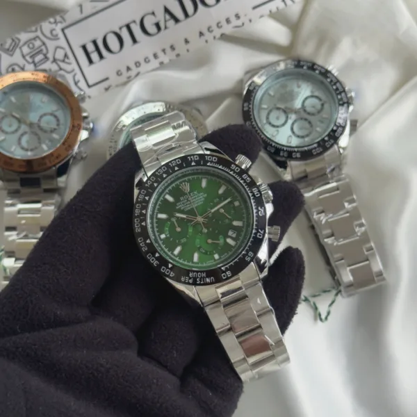 RLX Daytona Inspired – Classic Chronograph – Green Dial / Silver Strap – Black Bezel
