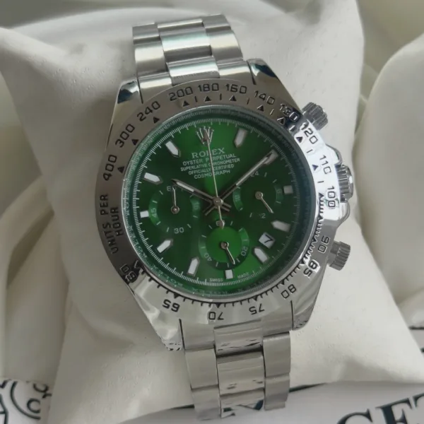 RLX Daytona Inspired – Classic Chronograph – Green Dial / Silver Strap – Silver Bezel