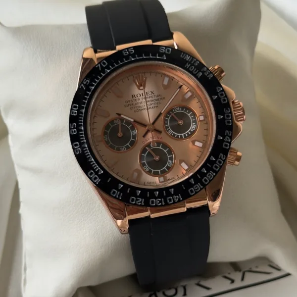 RLX Daytona Inspired – Classic Chronograph – Rose Gold Dial / Black Strap