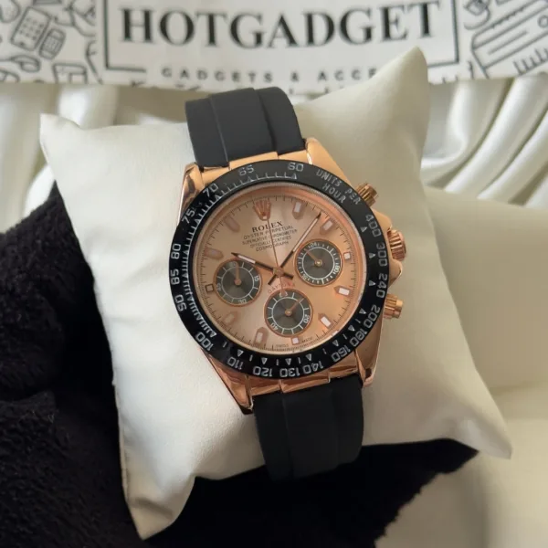 RLX Daytona Inspired – Classic Chronograph – Rose Gold Dial / Black Strap