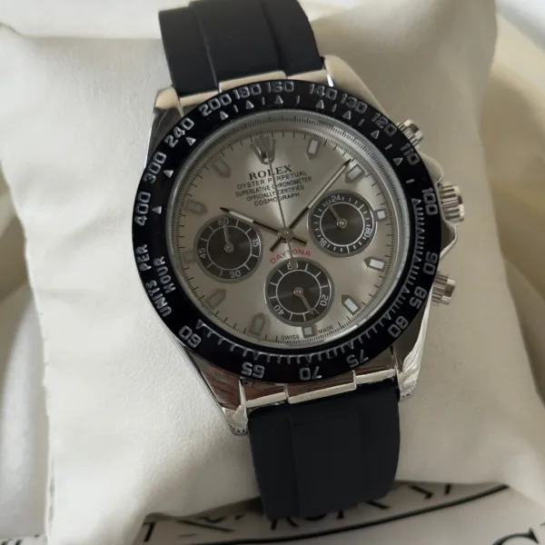 RLX Daytona Inspired – Classic Chronograph – Silver Dial / Black Strap