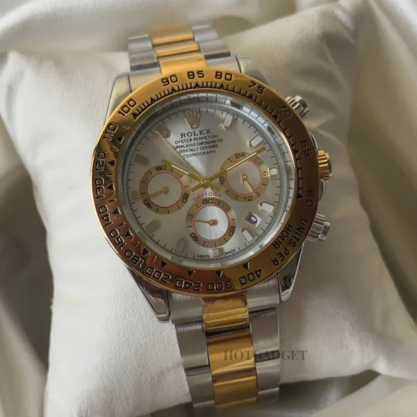 RLX Daytona Inspired – Classic Chronograph – White Dial / Gold & Silver Strap