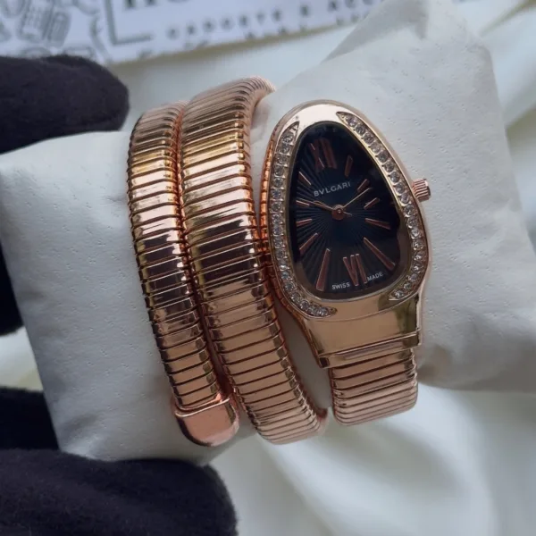 Serpenti-Tubogas (Analog Watch) – Black Dial / Rose Gold Strap – Diamond Bezel