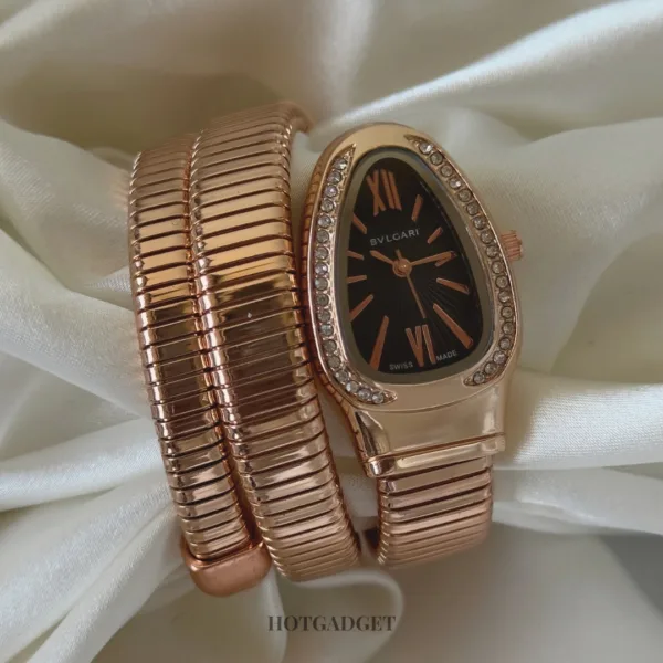Serpenti-Tubogas (Analog Watch) – Black Dial / Rose Gold Strap – Diamond Bezel