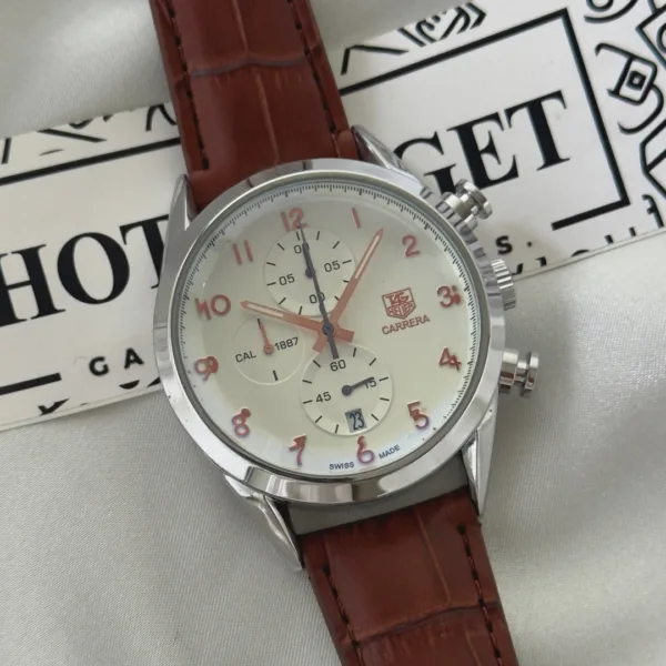 Tag Calibre 16 (Chronograph Watch) – White Dial / Brown Strap