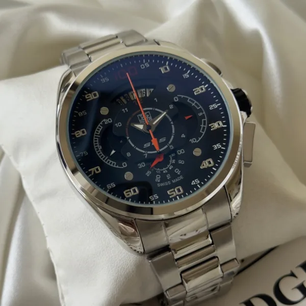 Tag SLS Chain (Chronograph Watch) – Black Dial / Silver Strap