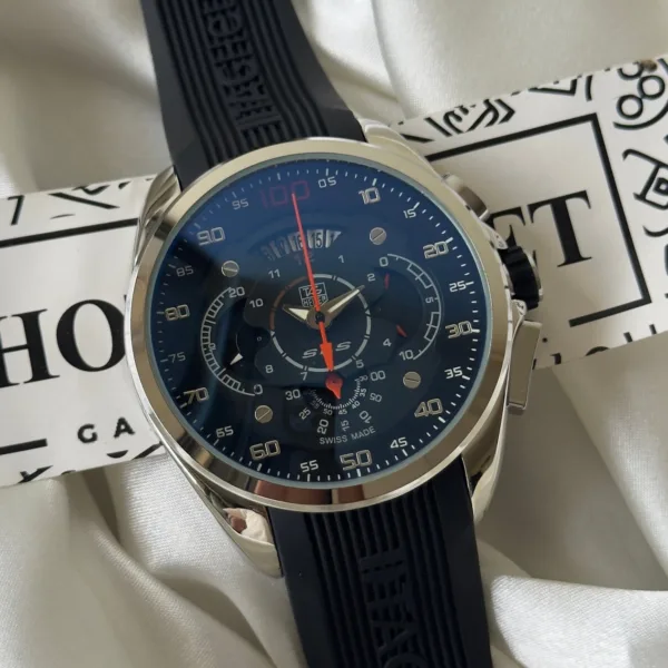 Tag SLS (Chronograph Watch) – Black Dial / Black Strap – Silver Case