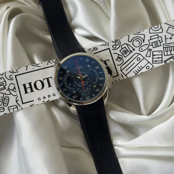 Tag SLS (Chronograph Watch) – Black Dial / Black Strap – Silver Case