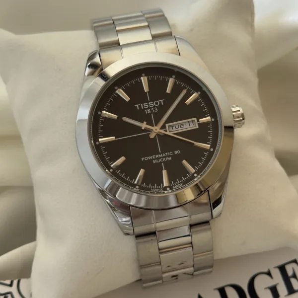 Tissot-Gentlemen 80 (Analog Watch) Day-Date – Black Dial / Silver Strap