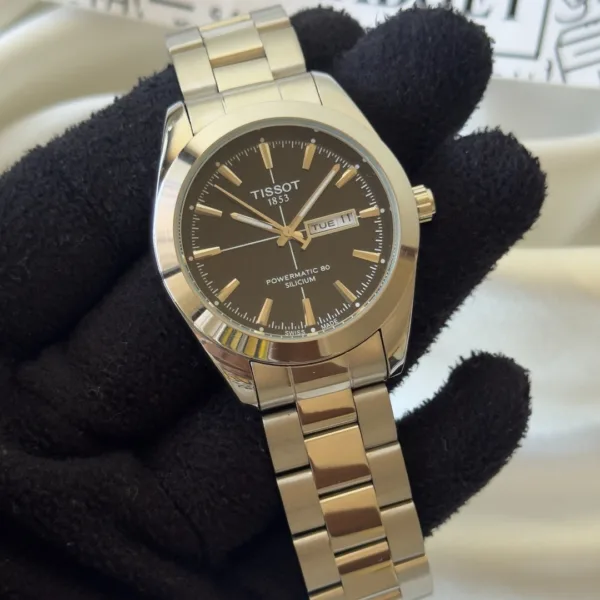Tissot-Gentlemen 80 (Analog Watch) Day-Date – Black Dial / Silver Strap