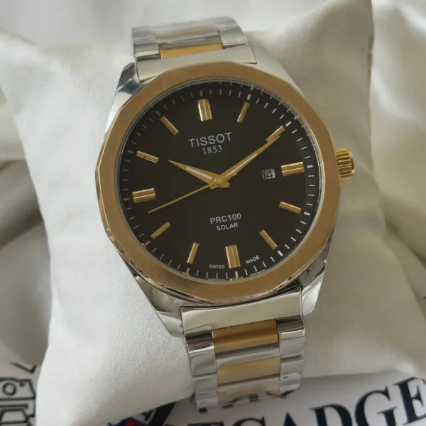 Tissot-PRC 100 Solar (Analog Watch) – Black Dial / Gold & Silver Strap