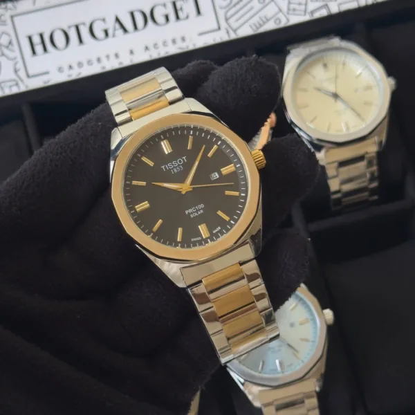 Tissot-PRC 100 Solar (Analog Watch) – Black Dial / Gold & Silver Strap