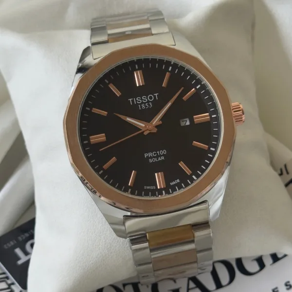 Tissot-PRC 100 Solar (Analog Watch) – Black Dial / Rose Gold & Silver Strap