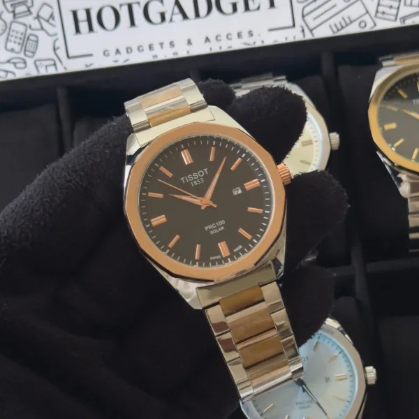 Tissot-PRC 100 Solar (Analog Watch) – Black Dial / Rose Gold & Silver Strap