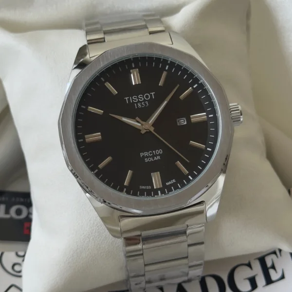 Tissot-PRC 100 Solar (Analog Watch) – Black Dial / Silver Strap