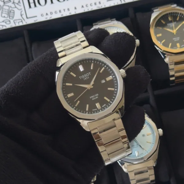 Tissot-PRC 100 Solar (Analog Watch) – Black Dial / Silver Strap