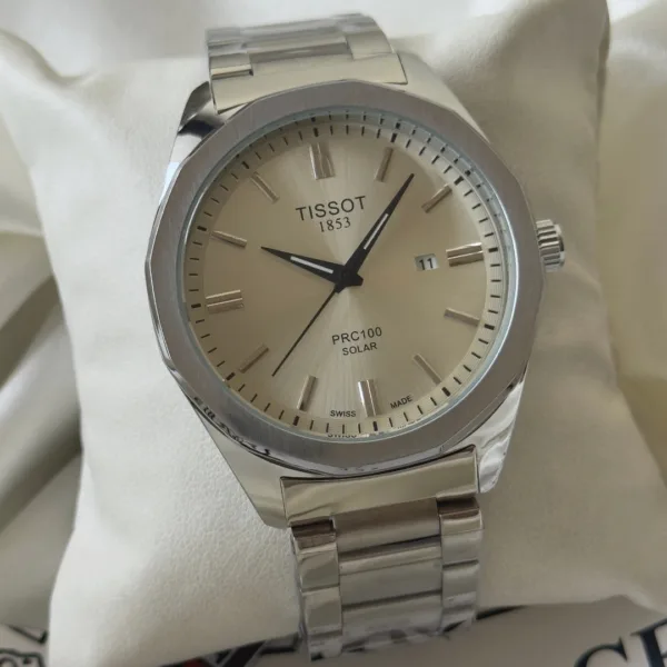 Tissot-PRC 100 Solar (Analog Watch) – White Dial / Silver Strap
