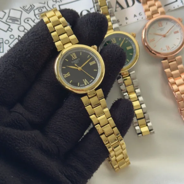 Tissot-TLady (Analog Watch) – Black Dial / Gold Strap