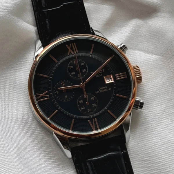 TissotCouturier 1853 (Chronograph Watch) – Black Dial / Black Strap – Rose Gold Roman