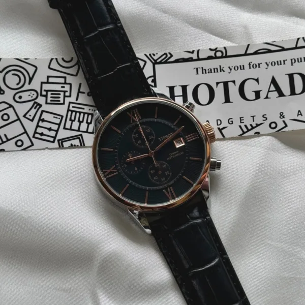 TissotCouturier 1853 (Chronograph Watch) – Black Dial / Black Strap – Rose Gold Roman