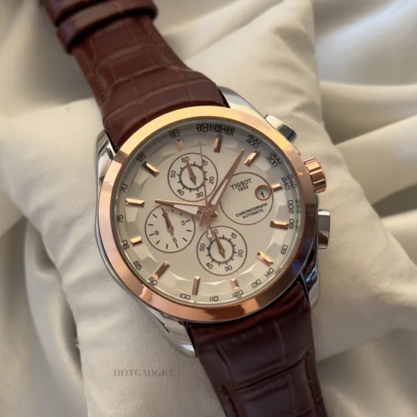 TissotCouturier 1853 (Chronograph Watch) – White Dial / Brown Strap – Rose Gold Case