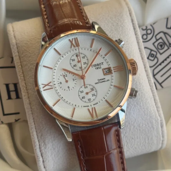 TissotCouturier 1853 (Chronograph Watch) – White Dial / Brown Strap – Rose Gold Roman