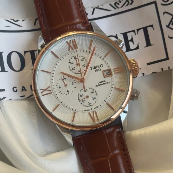 TissotCouturier 1853 (Chronograph Watch) – White Dial / Brown Strap – Rose Gold Roman