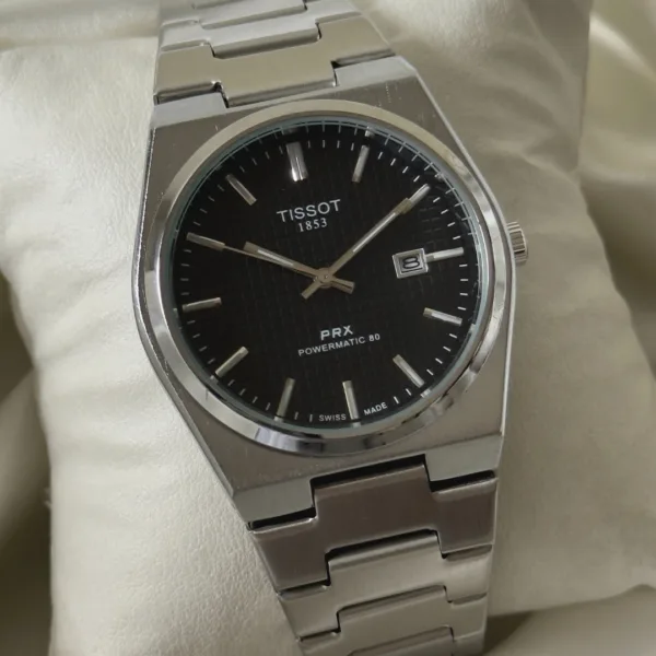 TissotPRX Powermatic (Analog Watch) – Black Dial / Silver Strap – Textured Dial
