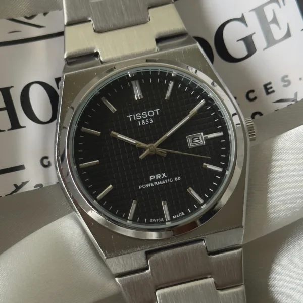 TissotPRX Powermatic (Analog Watch) – Black Dial / Silver Strap – Textured Dial