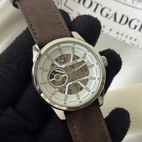 Tommy-Kenri Skeleton (Automatic Watch) – Silver Dial / Brown Strap