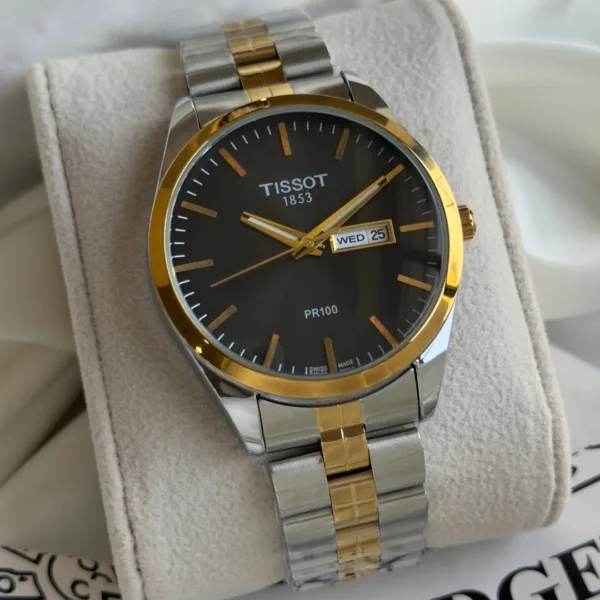 TST PR100 (Analog Watch) – Black Dial / Silver & Gold Two-Tone Strap