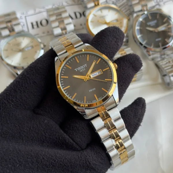 TST PR100 (Analog Watch) – Black Dial / Silver & Gold Two-Tone Strap